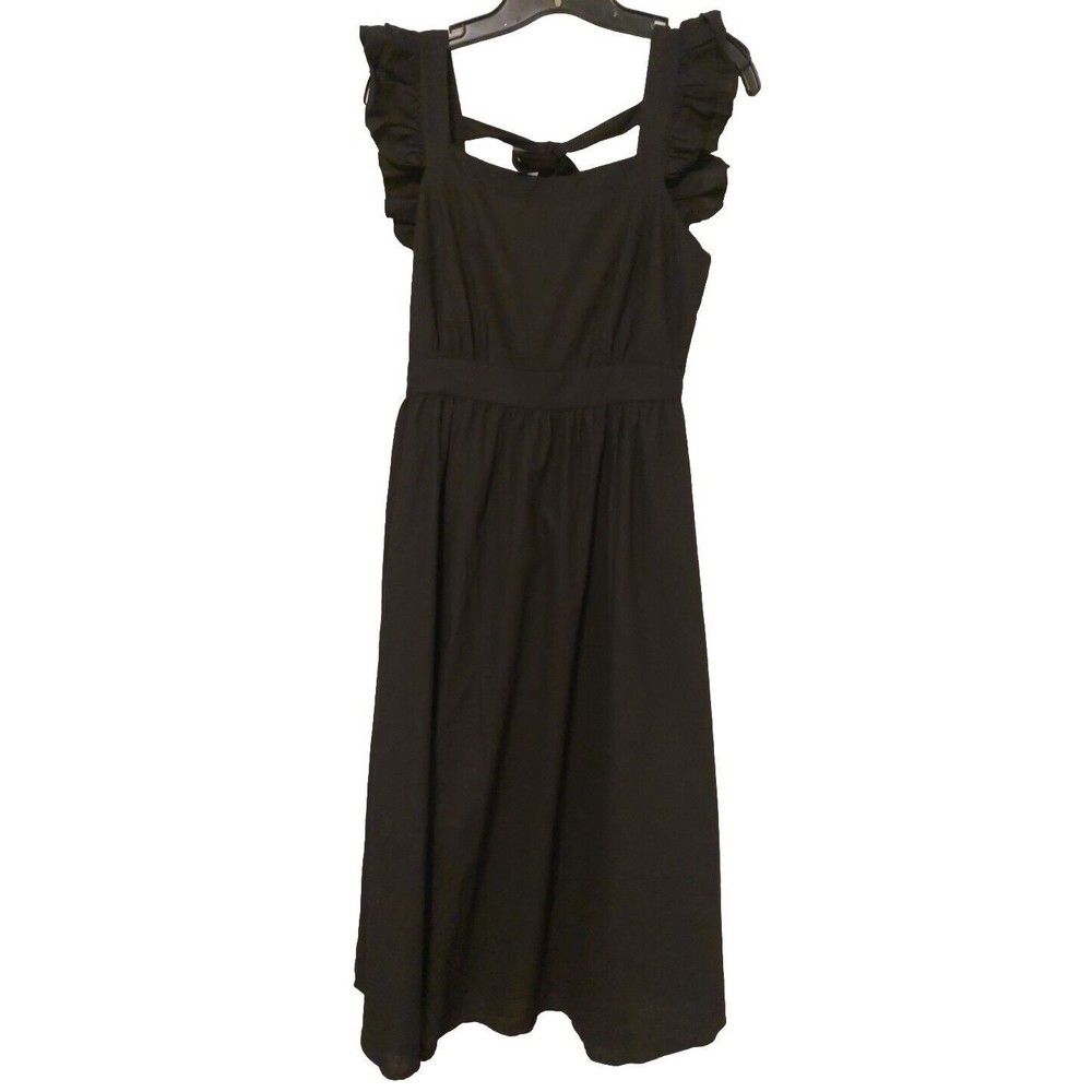 Lumiere Black Linen Blend Empire Waist Full Skirt Midi Dress Ruffled Sleeves M